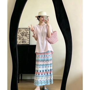 韩系甜美风宽松短袖T恤上衣女夏季新款印花半身裙套装