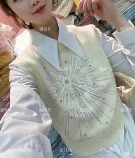 白领重工两件套衬衫马甲立体刺绣新款叠穿针织马甲女复古毛衣背心
