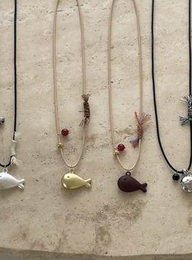 手工编绳鱼形吊坠项链女长款可调节高级感几何毛衣链配饰