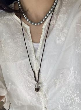 编织绳椭圆形吊坠项链女小众简约新款长款毛衣链高级感百搭饰品