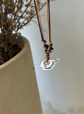 手工编织双绳游牧风雕刻酒壶吊坠项链女可调节长款毛衣链女