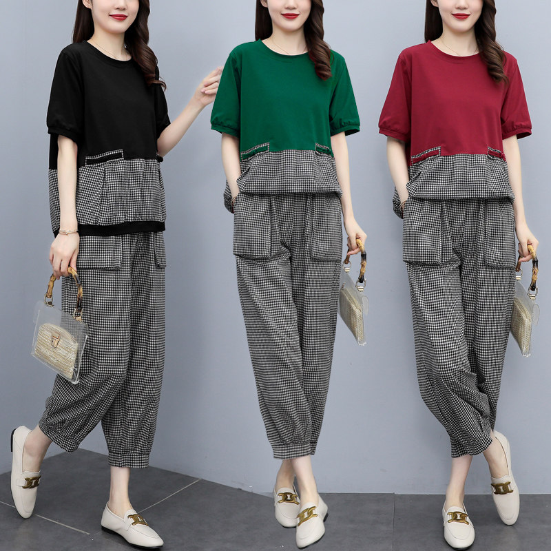 文艺格子棉麻套装时尚大码拼接短袖女宽松显瘦哈伦裤休闲两件套夏