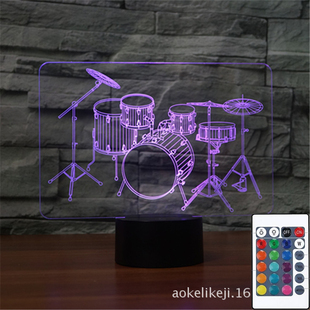 乐器架子鼓艺术桌面摆件七彩触控卧室充电led节能灯礼品3d小夜灯