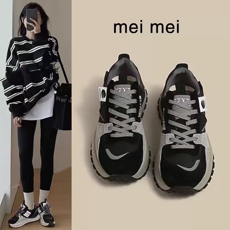 欧洲站2025秋冬加绒真皮厚底增高老爹鞋女百搭爆款华夫阿甘运动鞋