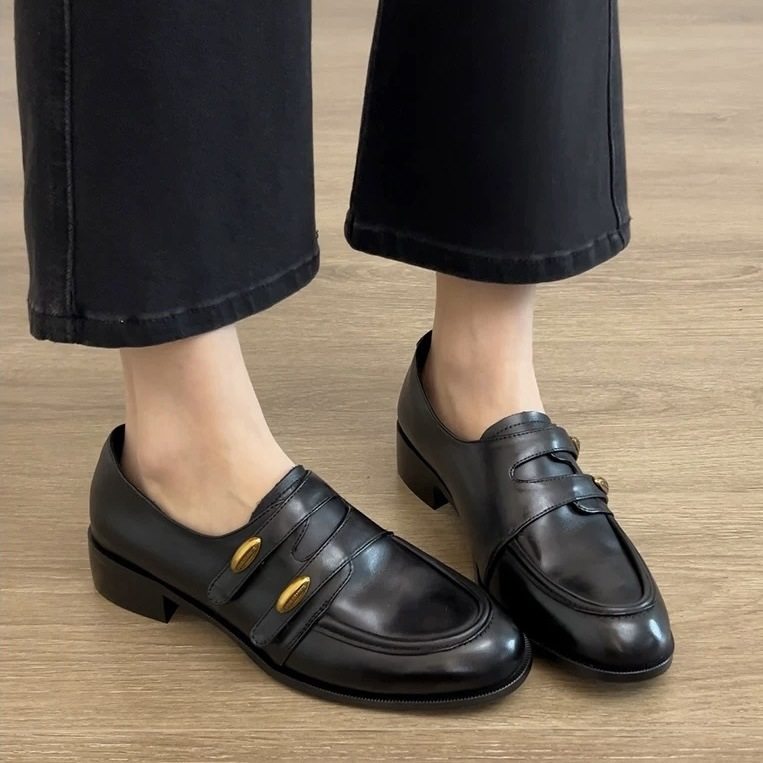 英伦风复古皮带扣乐福鞋女2026新款小羊皮一脚蹬粗跟通勤小皮鞋,女鞋,乐福鞋（豆豆鞋）,淘宝优惠券,粉丝福利购,淘宝优惠卷