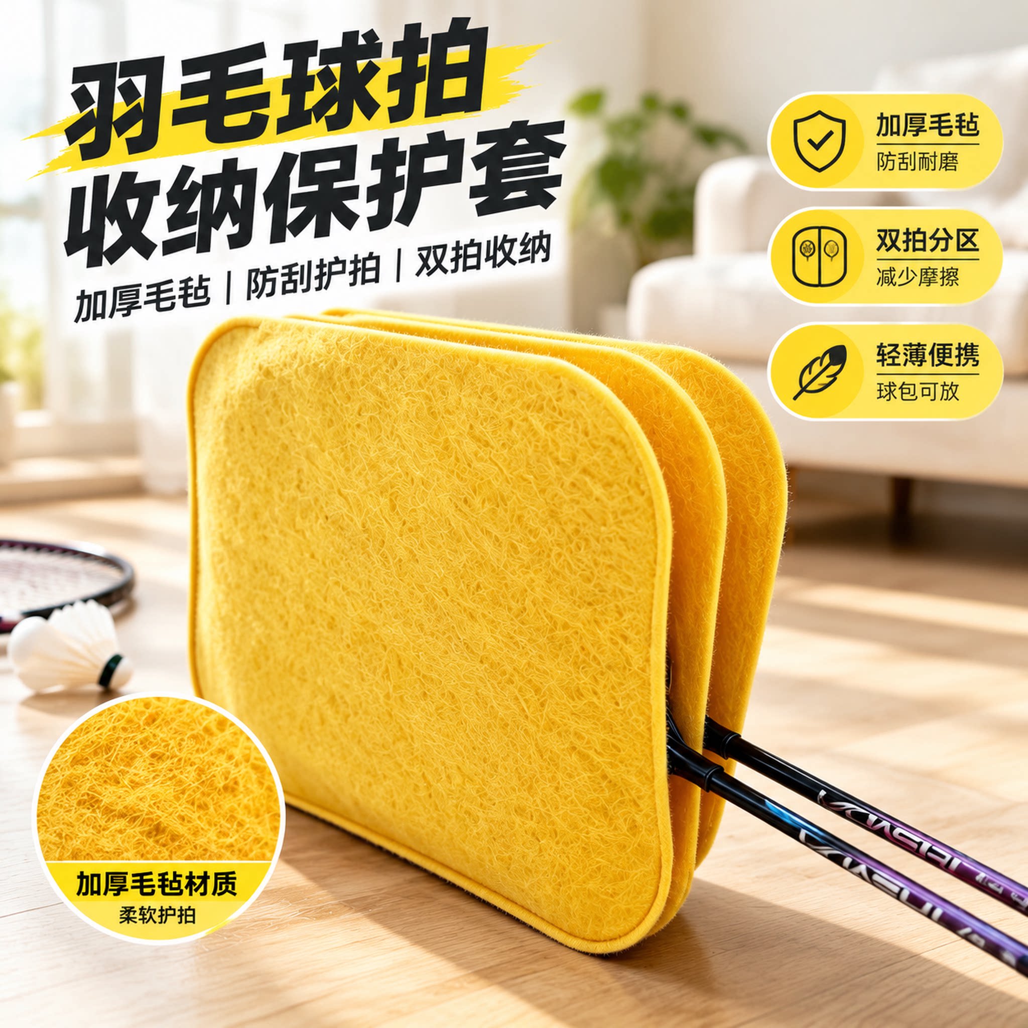 羽毛球拍毛毡保护套双层隔运动球拍防尘隔离收纳袋两支球拍防磕漆
