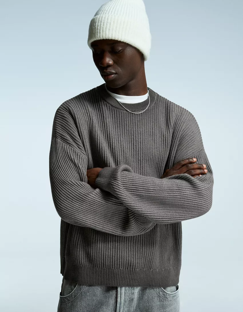 Bershka青年休闲纯色宽松圆领套头针织衫毛衣男 8.27