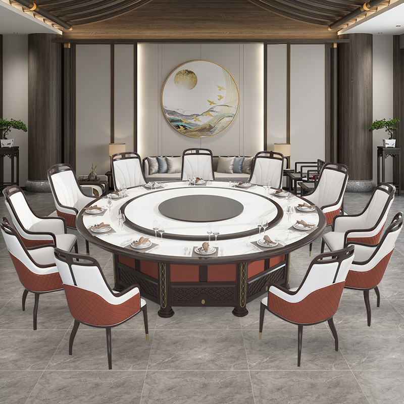酒店餐桌大理石岩板隐形电磁炉火锅桌会所别墅大圆桌电动餐桌新款