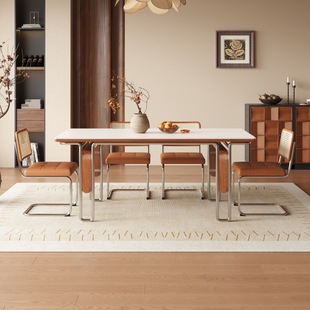 复古岩板实木餐桌家用小户型康桥长方形中古风家具饭餐桌椅高级感