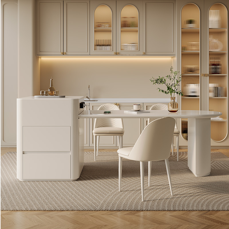 奶油风伸缩岩板餐桌岛台家用法式奶油风半圆弧形岩板岛台餐桌