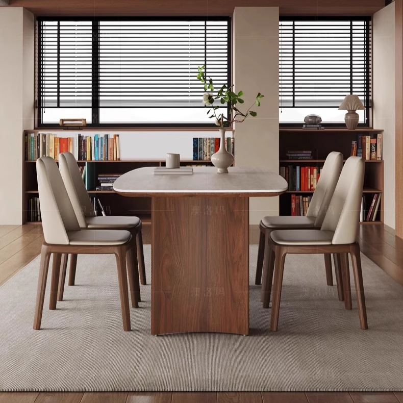 洞石岩板餐桌家用小户型吃饭桌子一桌四椅长方形实木餐桌椅组合