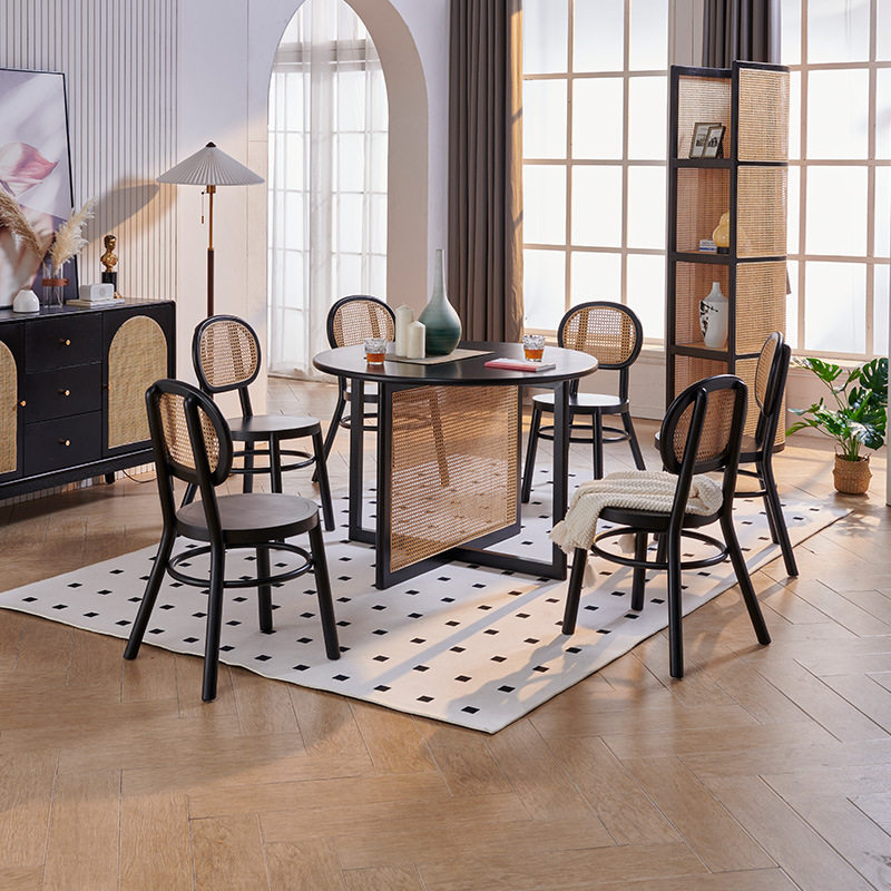 北欧藤编实木餐桌黑色小户型圆餐桌简约酒店餐厅饭店餐椅圆桌组合,商业/办公家具,餐桌椅系列,淘宝优惠券,粉丝福利购,淘宝优惠卷
