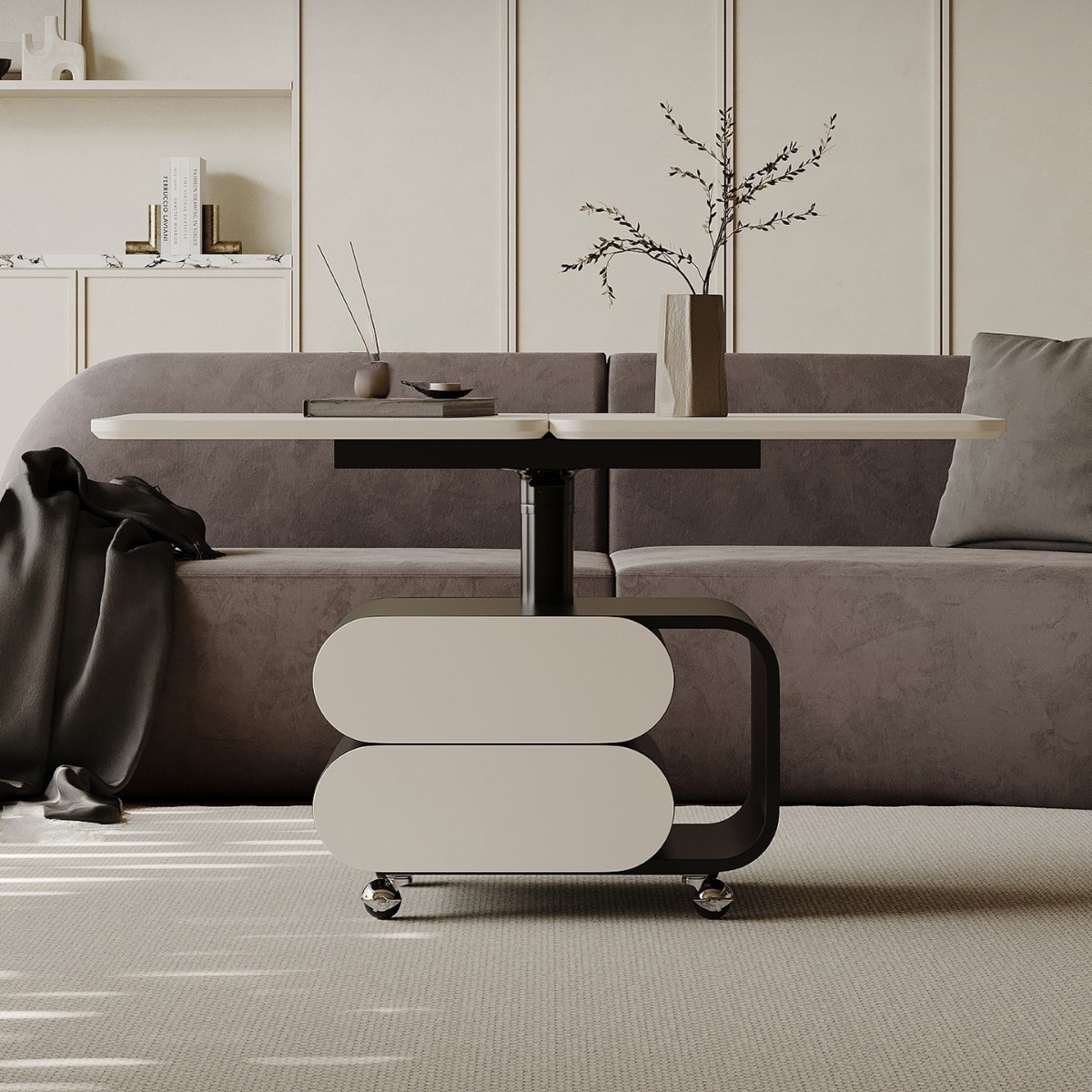 意式极简可移动茶几升降折叠旋转餐桌长方形客厅家用小推车边几