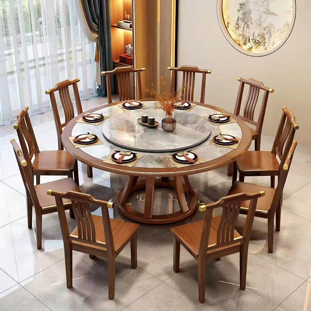 新中式全实木岩板嵌入式餐桌椅组合包边转盘家用饭店酒店大圆桌,商业/办公家具,餐桌椅系列,淘宝优惠券,粉丝福利购,淘宝优惠卷