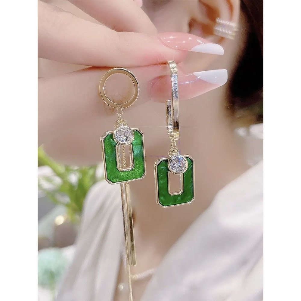 BF绿色不对称几何流苏耳环2022年新款潮大气方形AB款耳钉长款耳饰