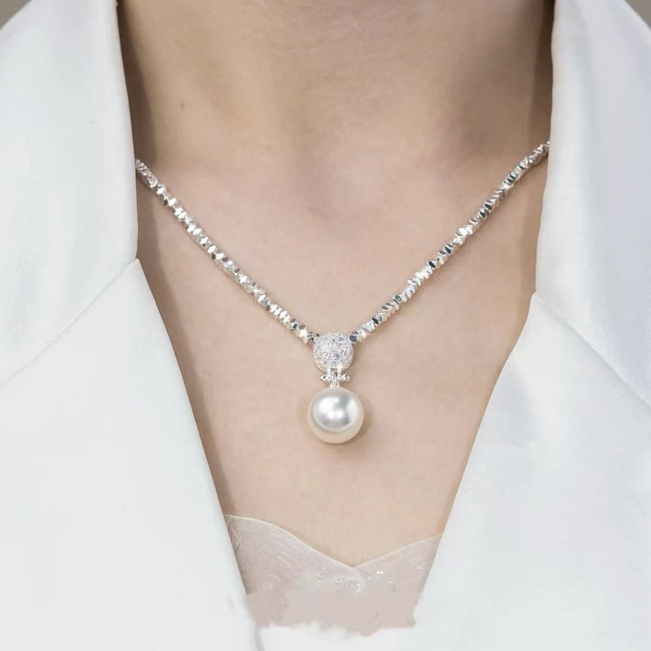 BF碎银子珍珠项链女生锆石锁骨链毛衣项链轻奢小众颈链高级感首饰