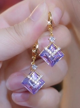 BF简约气质几何菱形紫色水晶耳扣2024新款时尚百搭高级感耳环耳饰