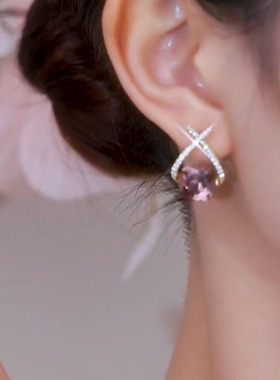 BF925银针交叉紫色锆石几何耳环简约百搭网红爆款耳钉小众饰品耳