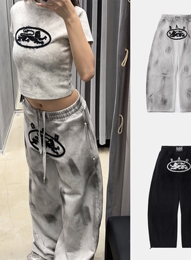 韩国badblood美式高街扎染重磅卫裤女宽松bf慵懒风运动弯刀阔腿裤