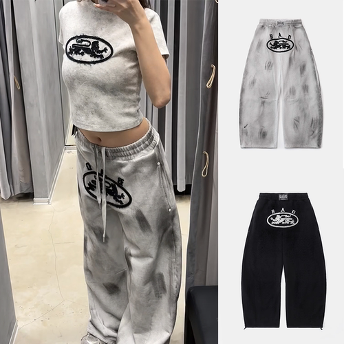 韩国badblood美式高街扎染重磅卫裤女宽松bf慵懒风运动弯刀阔腿裤