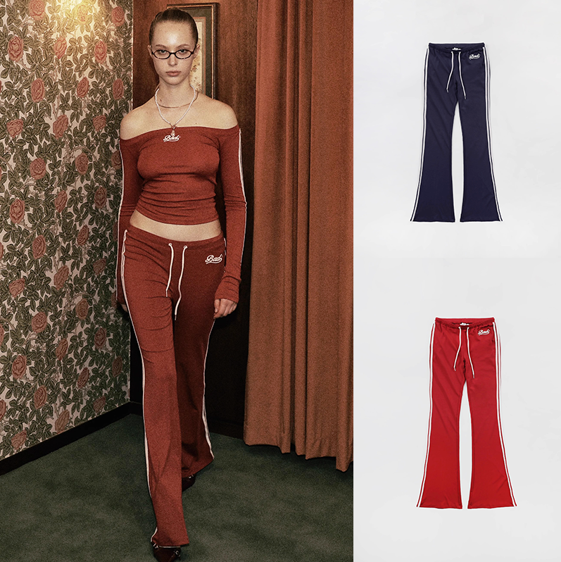 韩国badblood美式复古运动喇叭裤女刺绣LOGO侧边条修身显瘦长裤新