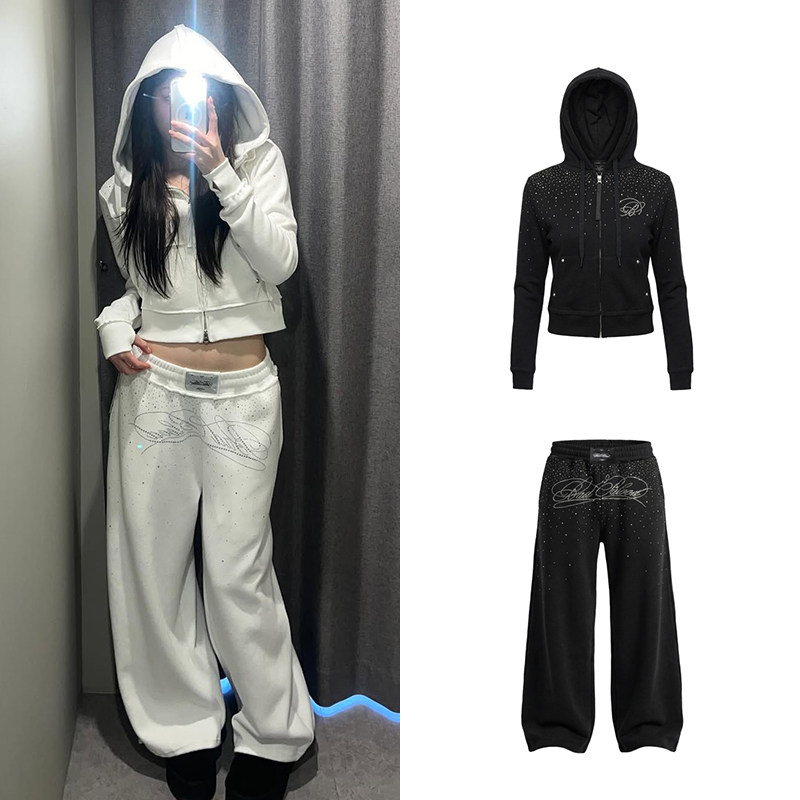 韩国badblood美式复古烫钻连帽卫衣套装女休闲阔腿裤爵士街舞长裤