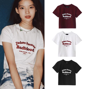 韩国badblood美式复古辣妹修身T恤休闲纯棉上衣露腰字母刺绣短袖