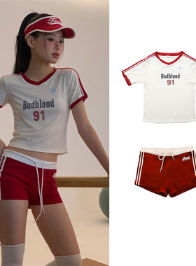 Jennie同款badblood美式辣妹白色T恤短袖性感修身运动套装上衣女