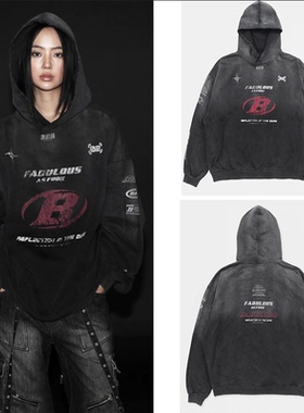 韩国潮牌badblood连帽衫卫衣女美式复古扎染重工艺套头上衣外套