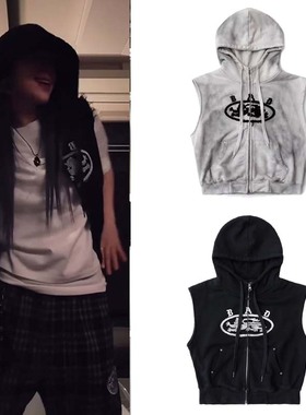 韩国badblood美式复古街头无袖连帽刺绣马甲宽松休闲扎染运动套装