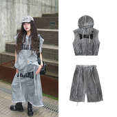 字母连帽马甲阔腿七分裤 韩国badblood美式 扎染运动休闲套装 两件套