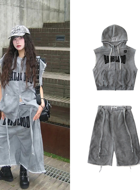 韩国badblood美式扎染运动休闲套装字母连帽马甲阔腿七分裤两件套