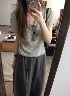 ouur sicily米鹿8256夏款韩系圆领系带镂空麻花短袖针织衫上衣女