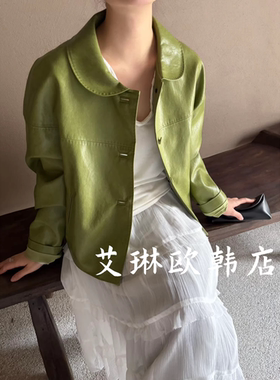 特价卡蔓诗kamanshi30809春款韩系减龄娃娃领休闲PU皮衣短外套女
