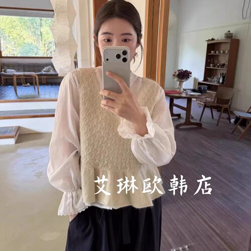 禁止机洗~ouur sicily米鹿8252春温柔风V领荷叶边马海毛针织马甲