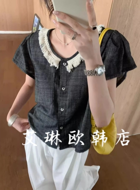 秒杀不退卡蔓诗kamanshi30299夏装韩系流苏圆领飞飞袖棉麻衬衫女