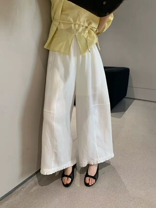 卡蔓浅之夏QZX10878夏季韩系显瘦木耳花边亚麻休闲八分裤女阔腿裤