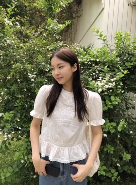 miluroom sicily米鹿9109夏韩系圆领刺绣花朵蕾丝泡泡短袖衬衫女