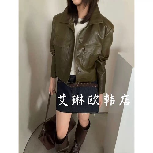 卡蔓enxi22116早秋新款韩系复古翻领长袖皮衣短外套女