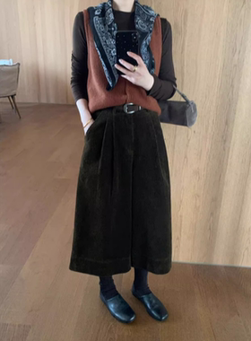 卡蔓enxi韩标20588秋款配腰带高腰显瘦阔腿裤灯芯绒七分裤