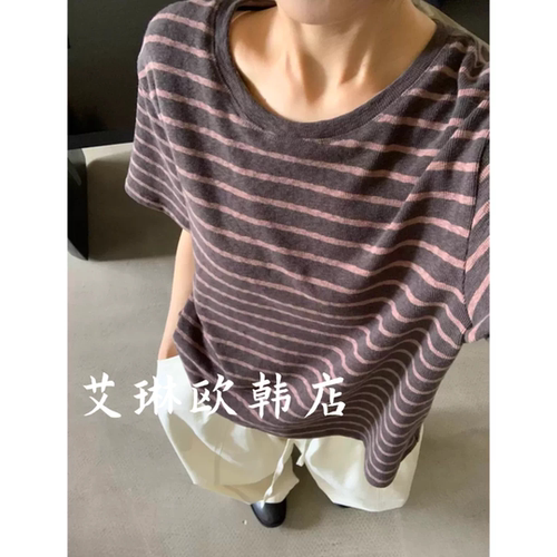 miluroom米鹿ouur51593秋款韩系圆领字母刺绣撞色百搭短袖条纹T恤