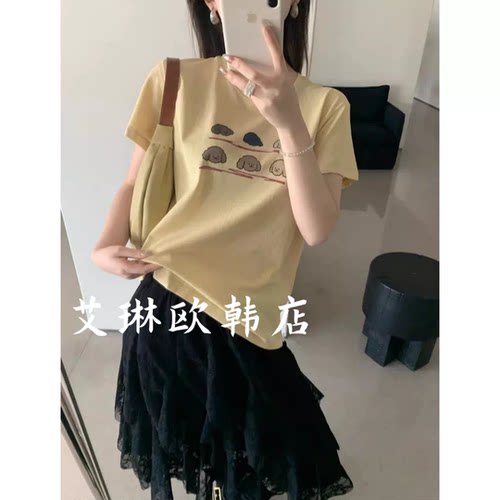 特价卡蔓浅之夏QZX11218夏季款韩系圆领可爱小狗印花短袖T恤女