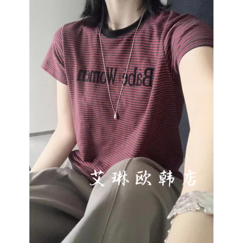 浅之夏QZX11106秋装新款韩系字母印花条纹棉麻短袖T恤女