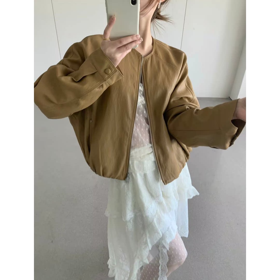 2.26~卡蔓enxi20863-1春款韩系圆领双拉链插肩袖PU皮衣短外套女