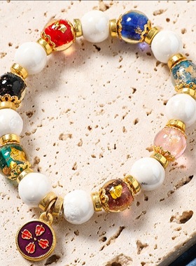 香灰琉璃手串二金箔十全十美幸运古法多吞金兽粉陶瓷手链女宫廷风