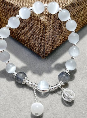 天然猫眼石手链白水晶好运手串简约复古文艺女手饰品爆款百搭款