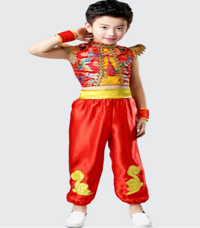 说唱中国红儿童舞蹈演出服喜庆开门红民族风古筝表演服秧歌打鼓服