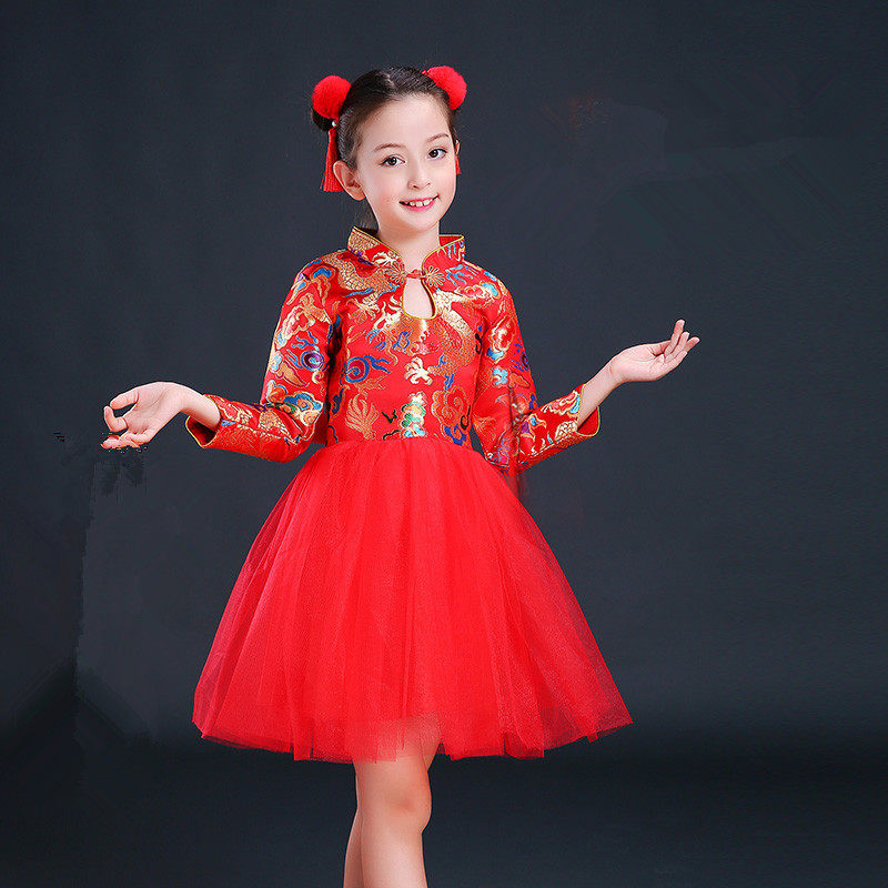 女童旗袍中国风公主裙儿童喜庆唐装新年秋冬长袖拜年服古筝演出服