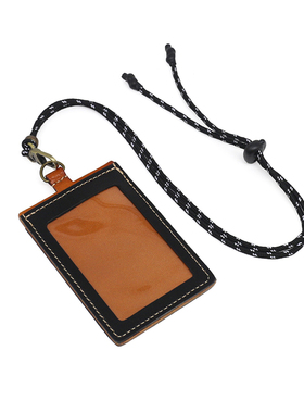 头层牛皮撞色卡套挂脖绳加大工牌卡包手工多功能定制工作牌证件包