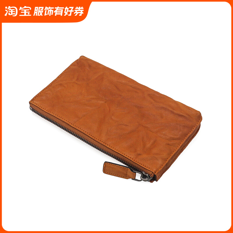 新品头层牛皮长款钱包真皮皱褶复古拉炼手机包男加厚大容量钱夹女
